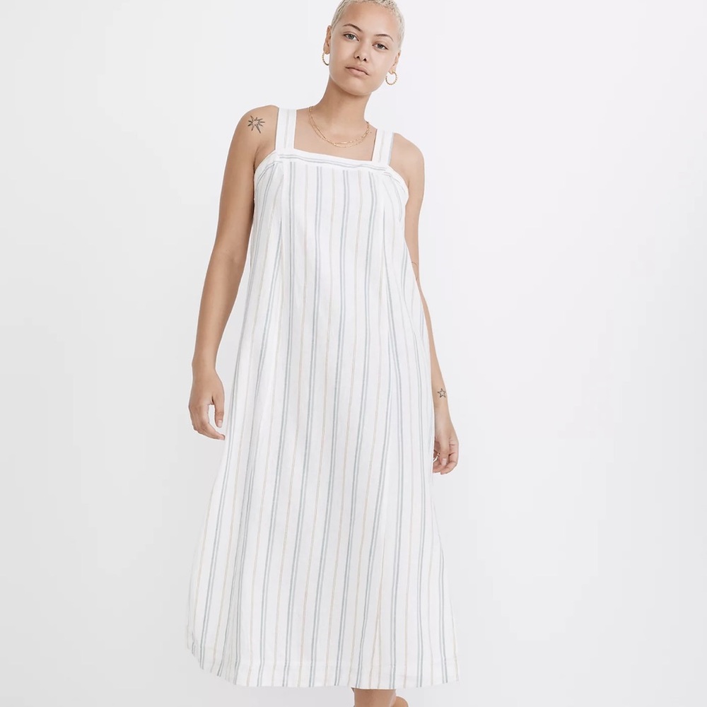 Madewell Linen-Cotton Princess-Seamed Midi Dress in Stripe size M